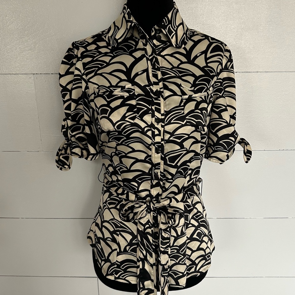 Mixit Black & Cream Printed Tie-Waist Button Down Shirt Tie Sleeves fitted look